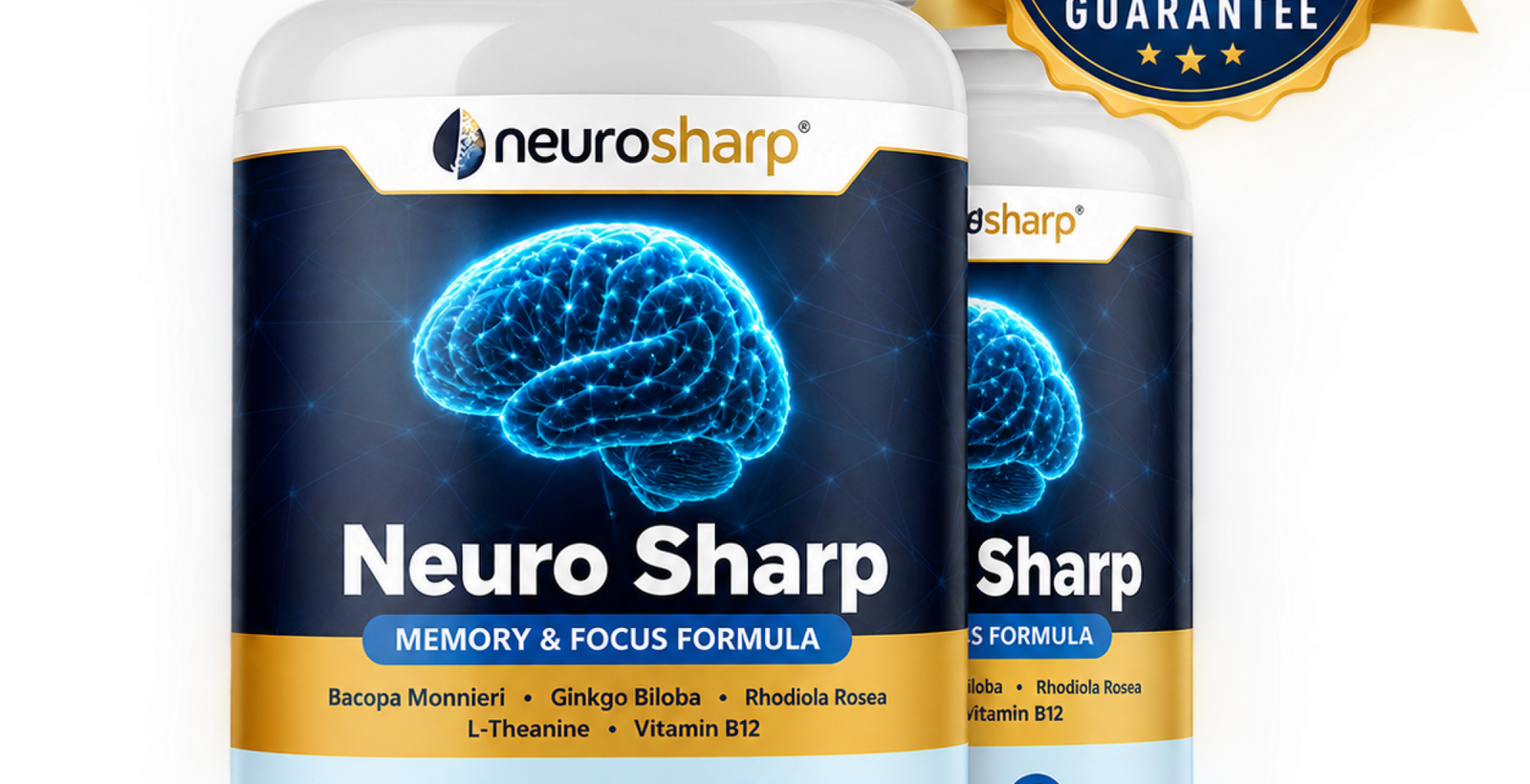 Mockup de Suplementos Neuro Sharp com Selo de Garantia